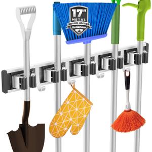Broom Holder Wall Mount Mop and Broom Hanger Wall Mounted Garage Storage Rack Kitchen Garden Tool Organizer (5 Racks with 4 Hooks, Black) (1 Pack 5R4H)