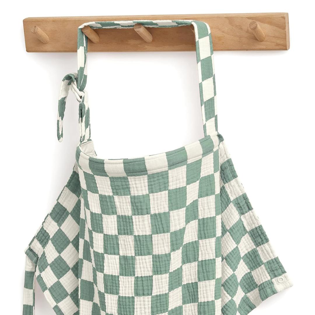 Blissful Diary Muslin Nursing Cover for Breastfeeding, Breathable Breastfeeding Cover up with Arch Neckline for Women, Nursing Apron (Sage Checkboard)