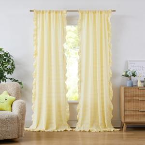 ZJDECOR Shabby Chic Yellow Ruffled Curtains 84 Inches Long, Rustic Buffalo Plaid Crinkled Not-See-Through Sheer Drapes, Farmhouse Window Treatment for Bedrooms Living Room, Rod Pockets,40"x84", Pack of 2