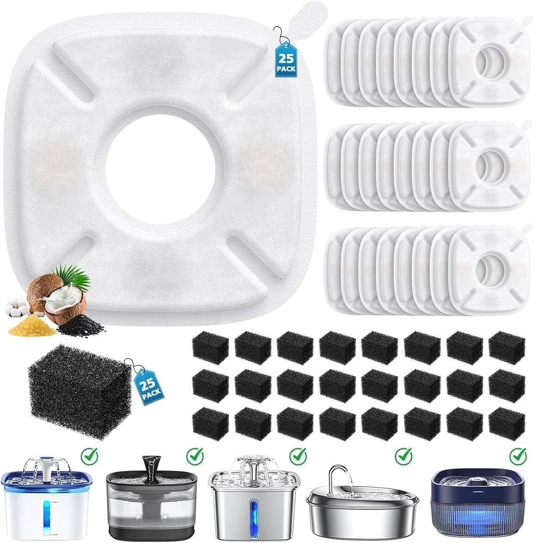50 Pcs Cat Water Fountain Filters for Veken 95oz/2.8L, 67oz, 85oz, 135oz Dog Water Fountain Automatic Pet Fountain Dog Water Dispenser 25Pcs Pet Fountain Filter Replacement & 25Pcs Pre-Filter Sponges
