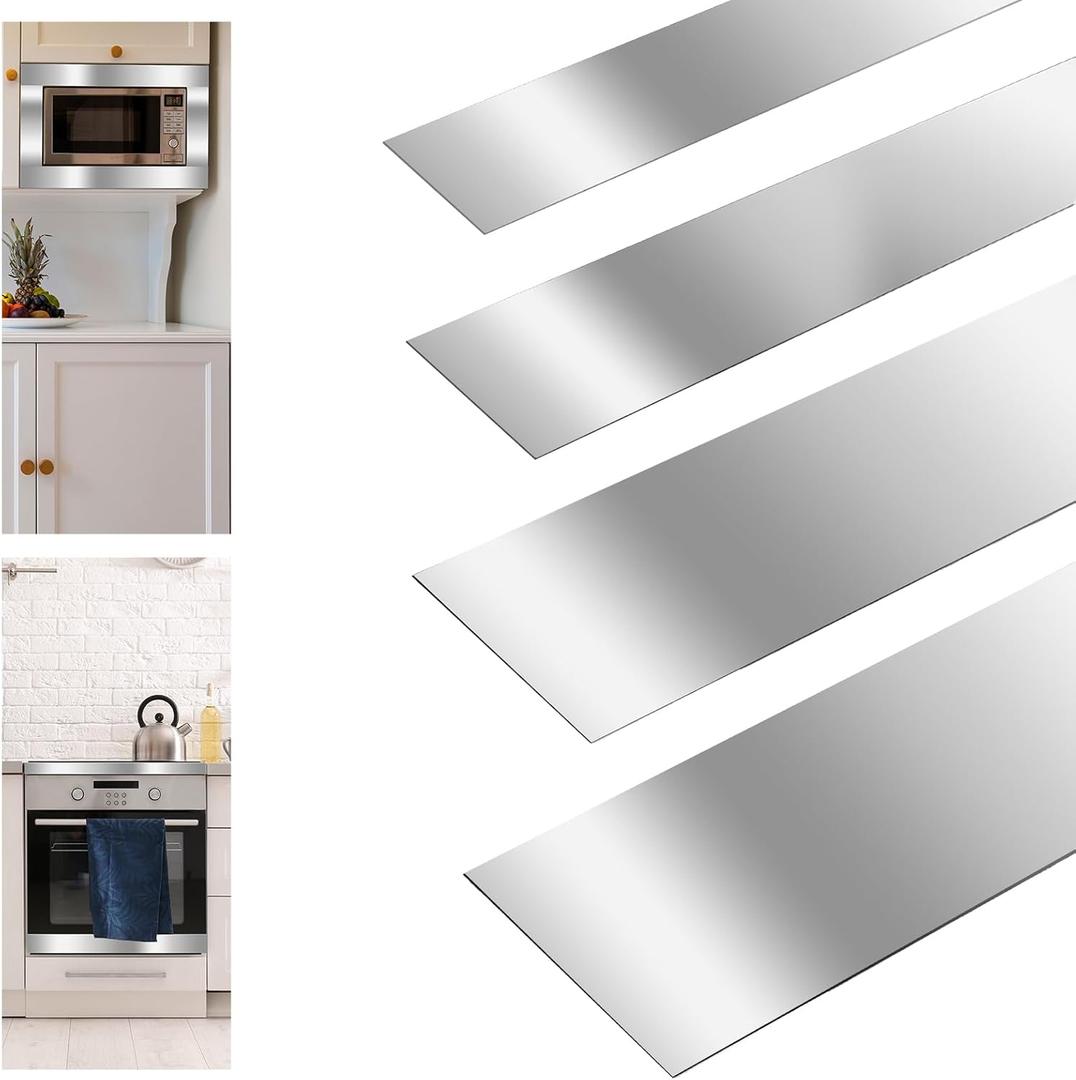 Blulu 4 Pieces 304 Stainless Steel Sheet Gap Filler Gap Shim Stock Metal Trim Strip for Kitchen Wall Oven Microwave Combo Range Cooktop 30'' Long, 1, 2, 3, 5'' Wide, 0.04'' Thick