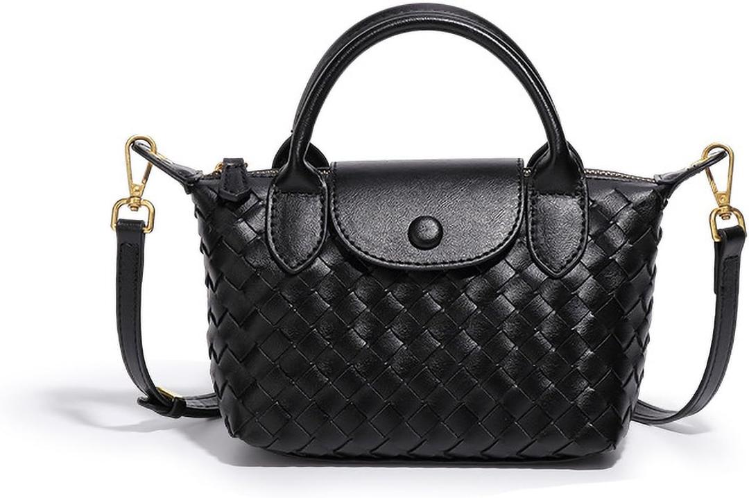 Mini Small Size Braided Luxury Leather Women's top Handle Handbag Fashion Travel Daily Satchel (Black)