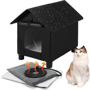 Elevated Heat Outside Cat House,Waterproof Heater Feral Cat Shelter for Indoor Outdoor Kitty,Warm and Insulated Outside Heated Kitten Bed with Thermostatic Heating Pad for Cold Winter (13.3"W*16.9"D*18.5"H with foot, Black)