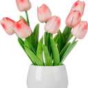 MyGift Realistic Artificial Pink Tulips in White Ceramic Vase Faux Tulip Flower Arrangement for Home & Office Decor, Potted Tabletop Fake Plants in Round Ceramic Planter, Elegant Spring Decor