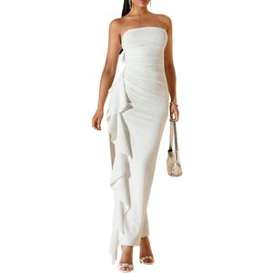 Narecte Womens Strapless Ruffle Bodycon Maxi Dress Side Slit Formal Evening Dress Elegant Bridesmaid Wedding Guest Dresses (Medium, White)