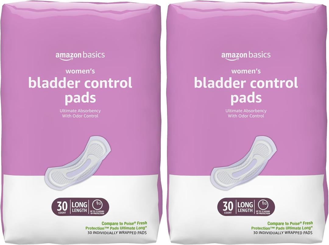 Amazon Basics Incontinence Pads for Women, Long, Postpartum, Bladder Control, Ultimate Absorbency, Fresh Protection, Unscented, 30 Count (Pack of 2)