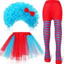 Janmercy 3 Pcs Tulle Tutu Costume Accessories Set Tutu Skirts Blue Wig Full Length Striped Tights Halloween Girls Costumes (2-8 Years)