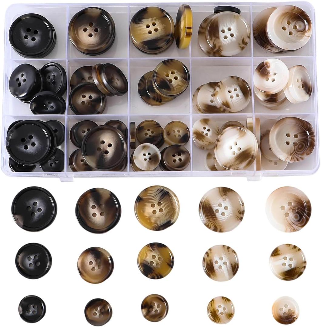 110-Piece Resin Sewing Buttons Set, 4-Hole Round Buttons, 15mm/20mm/25mm, 5 Colors for Blazers and Coats Brown/Black