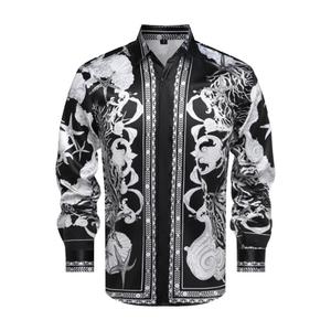 GSBOGOSSE Mens Luxury Print Dress Shirt Long Sleeve Button-Down Shirt (Black, L)