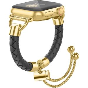 Leather and Metal Band Compatible with Apple Watch Bands for Women,Adjustable Designer Cute Stylish Strap for iWatch Series11/10/9/8/7/6/5/4/3/2/1/SE/Ultra (Gold)