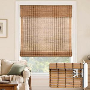 LazBlinds No-Drill Cordless Roman Shade - Light Filtering Natural Wood, Easy Install Bamboo Blind for Windows 29" W x 48" H, Malay Umber