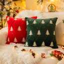 AQOTHES Christmas Tree Embroidered Red Green Throw Pillows Cover 18x18 Inch, Set of 2 Packs Winter Soft Fluffy Decorative Throw Pillows Covers Decor for Home Sofa Couch Bed Room
