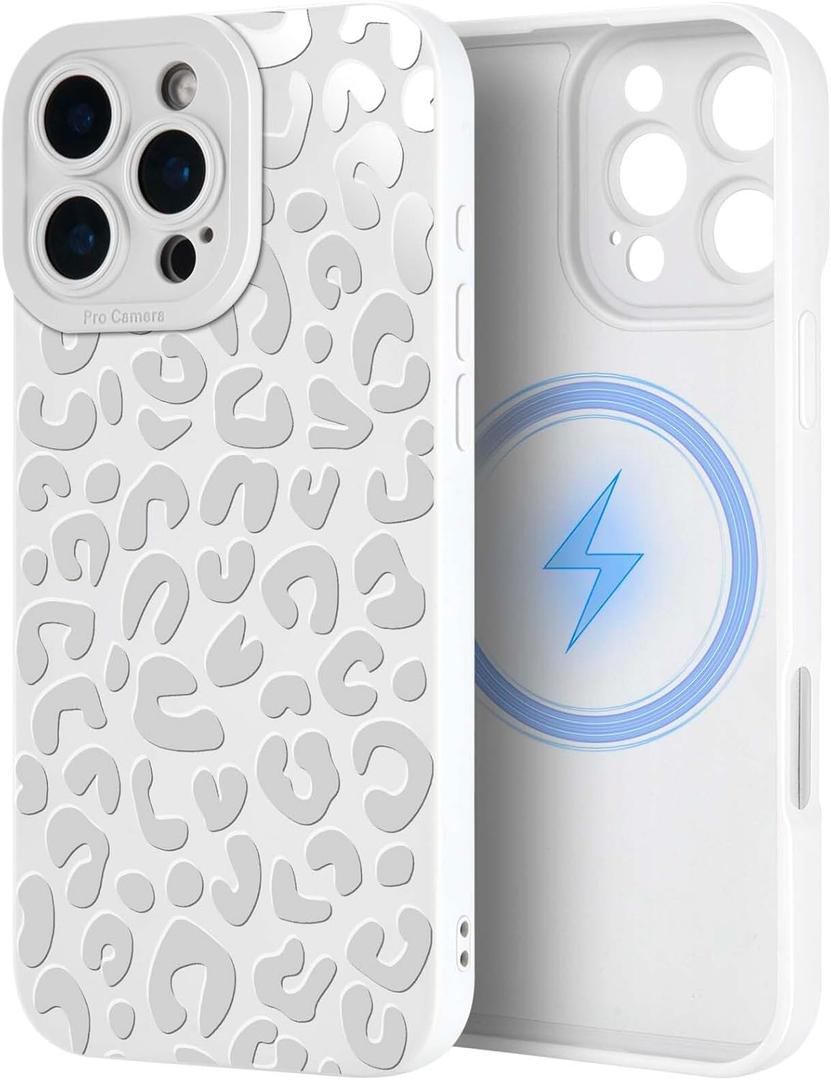 Case for iPhone 16 Pro Max [Compatible with MagSafe] Built in Magnetic Cute Girly Sleek Boho Aesthetic Style Design for Women Girls Gray Grey Animal Leopard Print Soft TPU Protective Shockproof White