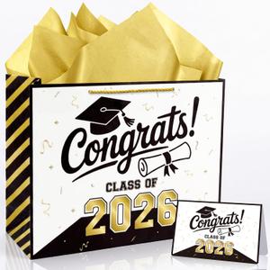 4 x Xustanina 13" Large Graduation Gift Bag, Black and Gold Congrats Tote Bag With Greeting Card, Tissue Paper, Stickers, Class Of 2026 Graduation Theme Party Favors Birthday Supplies