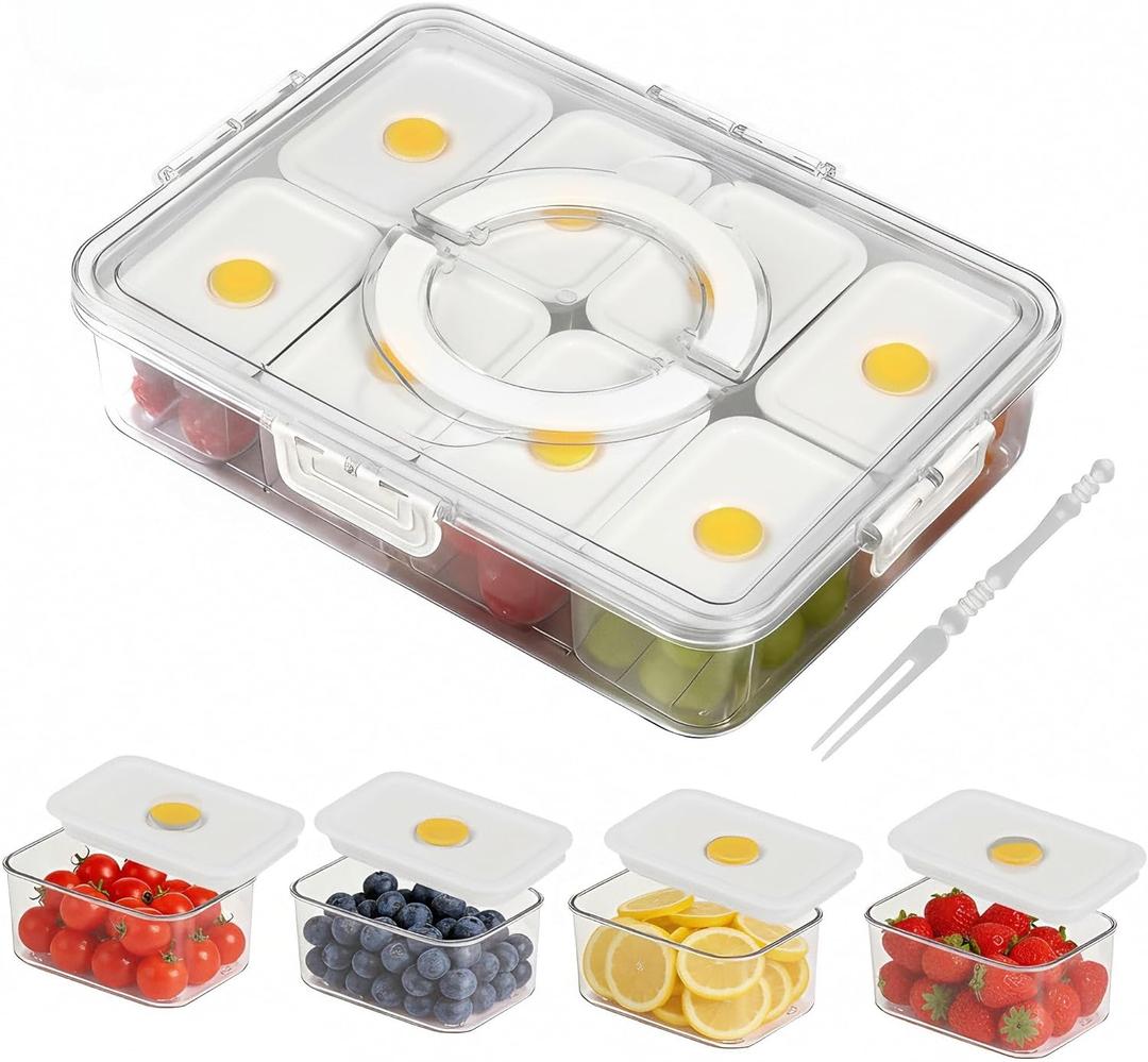 Premium Leak-Proof Snackle Box Container with 8 Clear Compartments & 8 Airtight Lids | Portable Clear Snack Tray with Lid & Handle | Divided Serving Tray for Fruits, Snacks, Sauces, Veggie & More