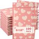 Tinlade 100 Pack Pink Bubble Mailers 6x10" Pink Heart Padded Envelopes Usable Size 6x9" Peel and Seal Waterproof Poly Mailers for Packaging, Shipping, Small Business, Boutique