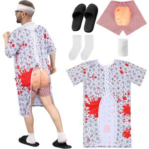 Maiteenly 5 Pcs Patient Gown Hospital Gown Halloween Costume Set for Adult Funny Shorts for Halloween Cosplay Party Men Women (XX-Large, White)