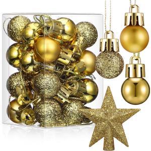 25 Pcs Mini Christmas Balls Ornaments Set 0.79 Inch Christmas Day Ball Topper Star Tree Hanging Ornaments for Party Decoration(Gold)
