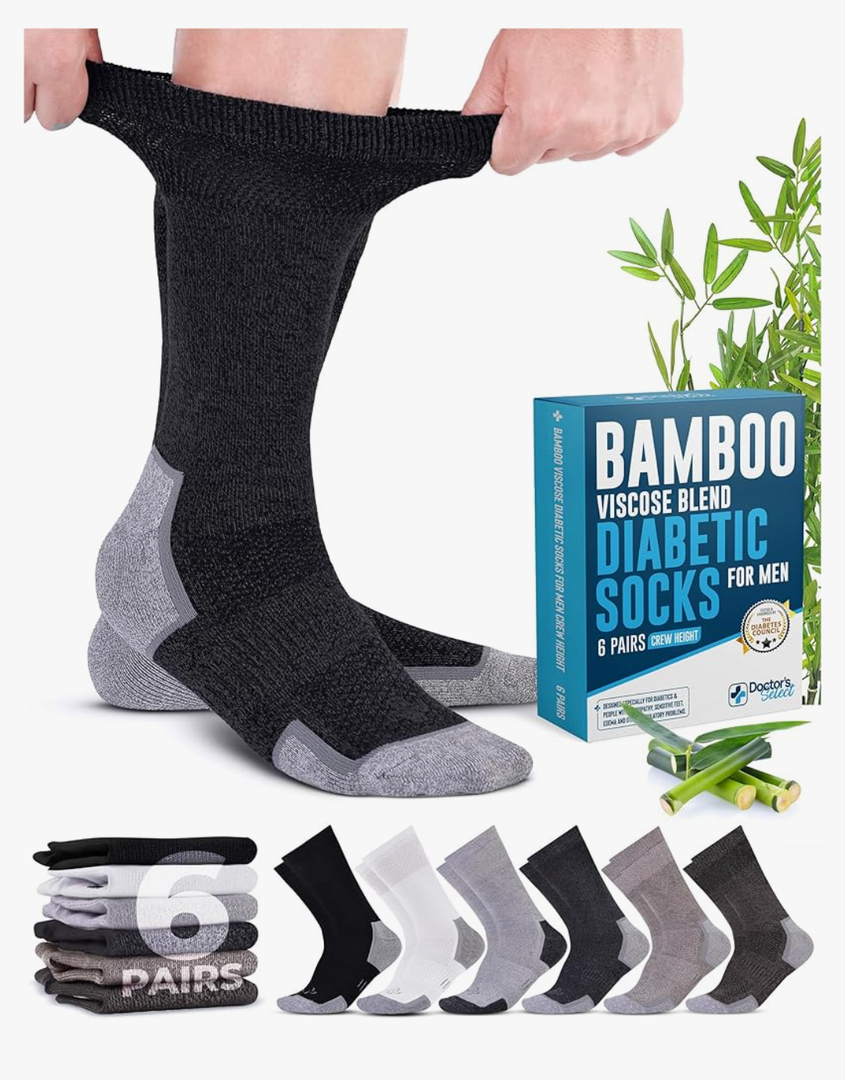 Doctor's Select Bamboo Viscose Diabetic Socks for Men - 6 Pairs Crew Diabetic Neuropathy Socks for Men