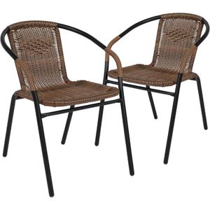 Flash Furniture Lila Modern Rattan Indoor/Outdoor Stackable Dining Chairs, Stacking Rattan Bistro Chairs for Patio or Restaurant, Set of 2, Brown