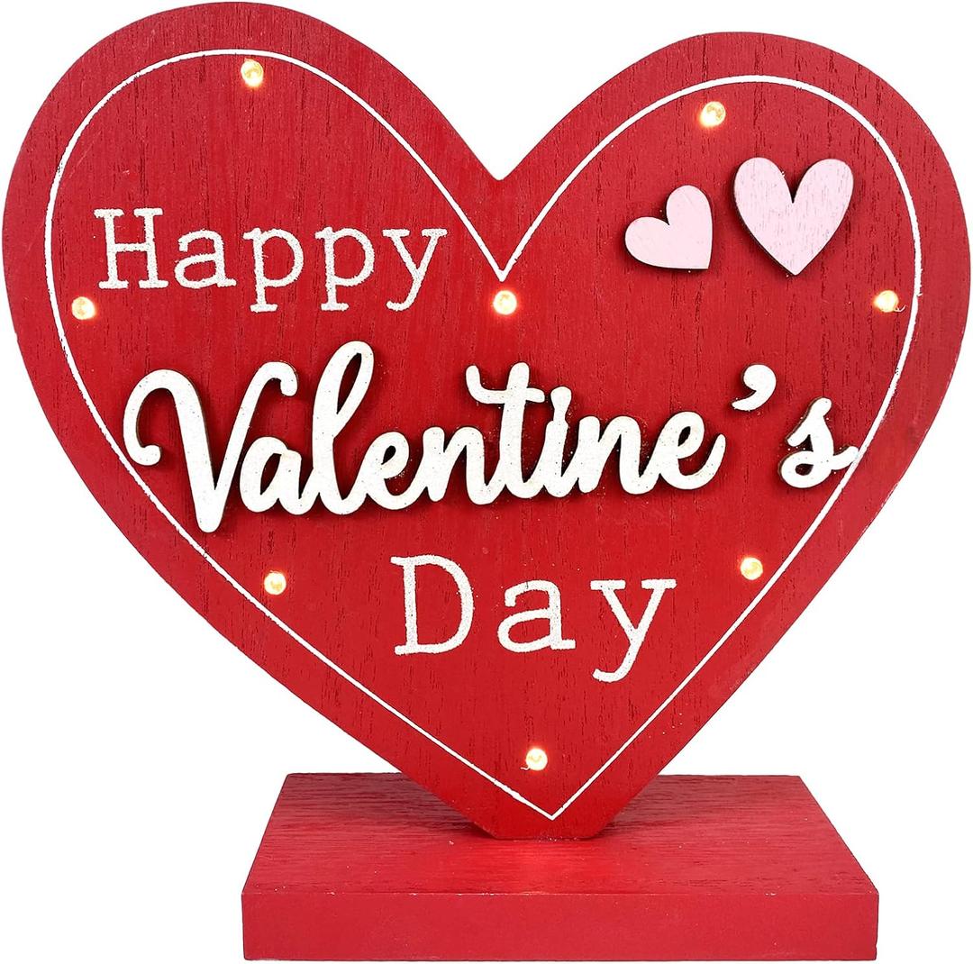 Valentines Day Dcor Led Light Red Heart Valentines Decorations Happy Valentine's Day Sign Wooden Block Farmhouse Rustic Table Sign for Home, Dining Room, Fireplace