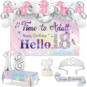 18th Birthday Decorations for Girls with Time to Adult Banner,Iridescence Tablecloth, Silver 18th Birthday Tiara and Sash, Birthday Cake Topper,Candles, 18 Number Balloons and Latex Balloons Arch