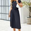 Newshows Womens 2025 Summer Drawstring Cap Sleeve Boat Neck Smocked Casual Vacation Outfits Vestidos Midi Dress (Blue, M)