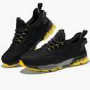 SPIEZ Composite Toe Shoes for Men Women, Lightweight Breathable Non Steel Toe Safety Shoes, Puncture Proof Slip Resistant Work Sneakers for Construction,Warehouse,Black Blue/Black Yellow