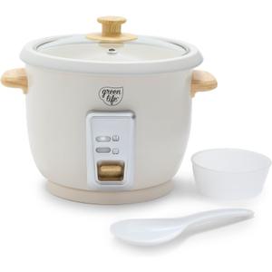 GreenLife Electric Rice Cooker, 3-Cups Uncooked/6-Cups Cooked, Removable PFAS-Free Nonstick Pot, One-Switch Design, Auto Keep Warm, Small Space Saving, Rice Paddle, Soup, Grains, Oatmeal, 1.5 QT, Cream