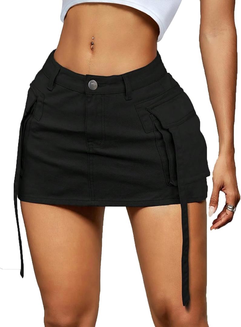 Women Cargo Skirt Denim Mini Low Waist Y2K Jean Skirts with Pockets (Small, Black)