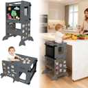 Toddler Tower Foldable, Animal Magnets Learning Kids Kitchen Step Stool, 4-in-1 Toddler Standing Tower with Blackboard, Anti-Tip Safety Feet, Foldable Wooden Helper for Ages 14 (CPC Certified) (Gray)