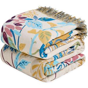 LUTBM Boho Throw Blanket for Couch Sofa Chair Cotton Spring Blankets for Bedroom Living Room All Season Soft Lightweight Reversible Floral Embroidery Decorative Throws 50"x60" Home Decor