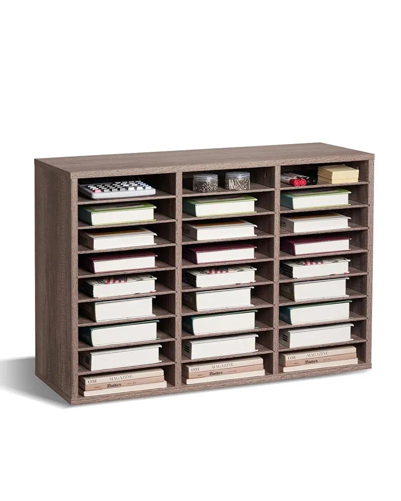 VEVOR Literature Organizer, 27 Compartments Office Mailbox with Removable Shelves, Wood Mailbox Sorter Particle Board Office Home Classroom Storage, File Sorter for File, Document, Paper, Black-Grey