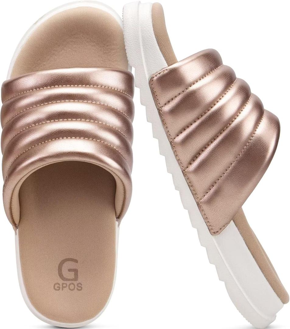 GPOS Womens Slides with Memory Foam Soft Cushioned Cozy House Slippers for Woman Comfy Open Toe Ladies Sandals Leather Slip on Bedroom Shoes Plantar Fasciitis Indoor Outdoor (Gold, M)