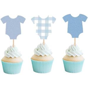 48 PCS Blue Bodysuit Happy Birthday Cupcake Toppers Blue Gingham Theme Party Decorations Baby Shower Cake Decor Cupcake Decorations Cake Decorating Party Supplies Decor for Boys Girls Baby Shower
