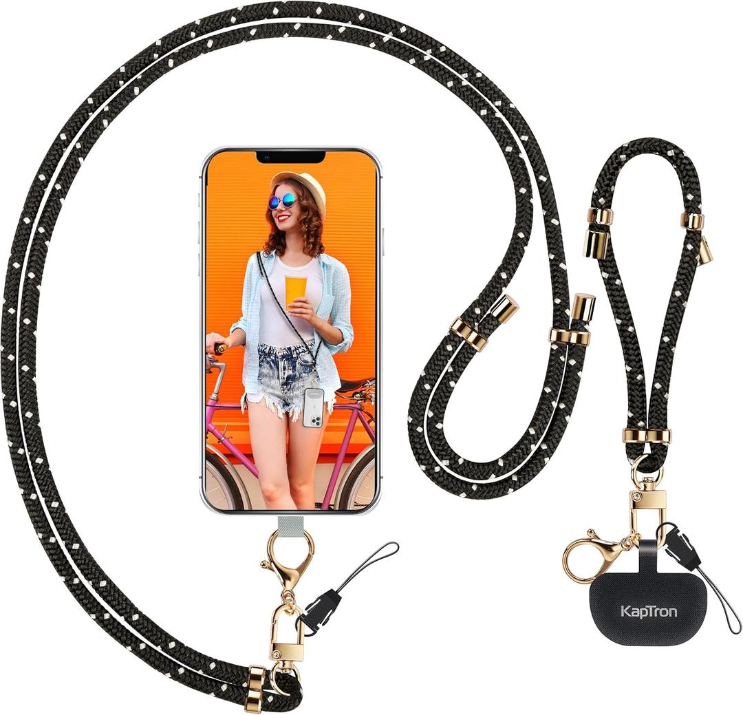 Kaptron Universal Phone Lanyard with Wrist Strap, Adjustable Crossbody Cell Phone Lanyard Neck and Wrist Strap with 2 Lobster Clips (Black White Checker)