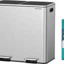 SONGMICS Trash Can, 2 x 10.6 Gallon (2 x 40 L) Garbage Can for Kitchen, with 15 Trash Bags, 2 Compartments, Plastic Inner Buckets and Hinged Lids, Airtight, Silver and Black ULTB730E80