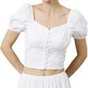Cotton Crop Tops for Women Renaissance Puff Short Sleeve Button Down Blouse Going Out Shirt (Medium, White)
