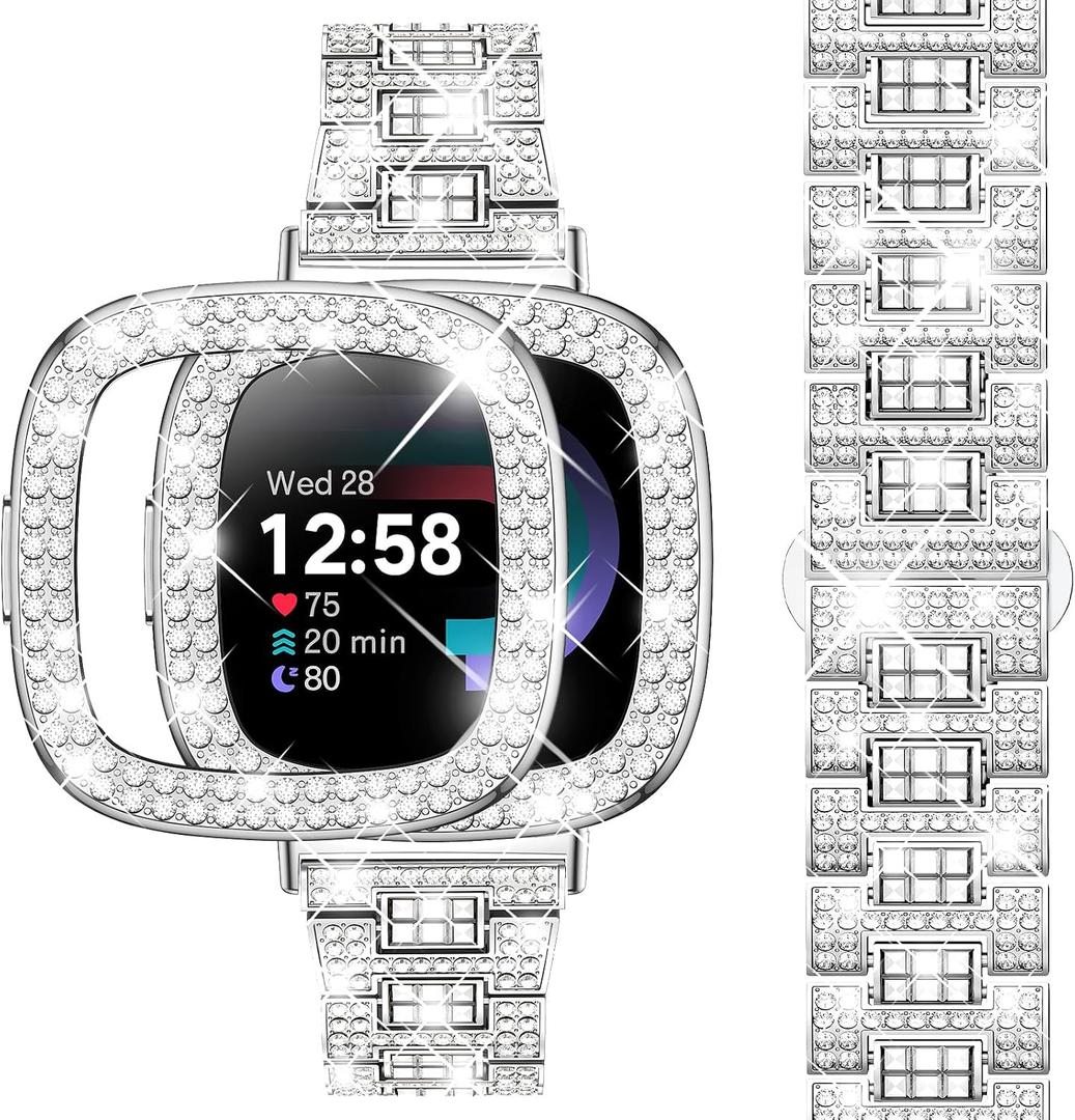 Dsytom Bling Stylish Watch Band Compatible With Fitbit Versa 4, Sense 2, Versa 3, Sense - Cute Strap With Rhinestone Protective Case Cover for Women