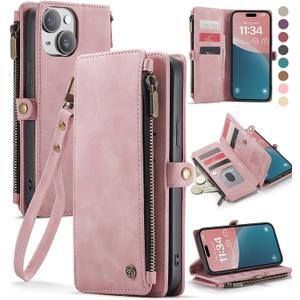 Defencase Compatible with iPhone 15 Plus Case Wallet with RFID Blocking Card Holder for Women Men, PU Leather Magnetic Snap Flip Zipper Strap Wallet Phone Case Fit for iPhone 15 Plus 6.7", Rose Pink