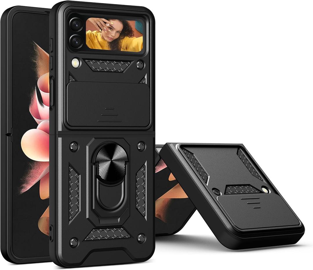 Compatible with Samsung Galaxy Z Flip 4 Bracket Shell,with Slide Camera Lens Cover Compatible with Samsung SM-F721B/DS Galaxy Z Flip4 / SM-F721N SM-F721U1 SM-F721W Case Black