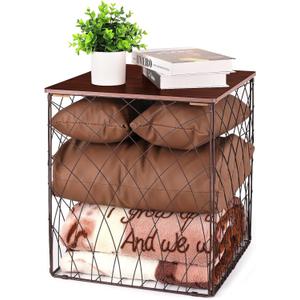 Small Coffee Table Storage, Square End Tables Blanket Basket with Lid for Living Room Folding Storage Side Table 1 Pack