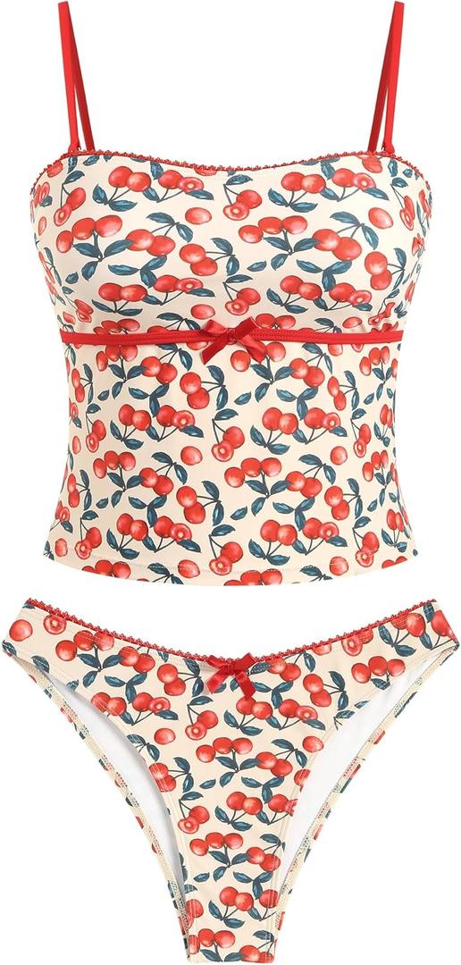 ZAFUL Tankini Swimsuits for Women Bow Tie Side Bathing Suits Tummy Control High Cut Two Piece Bikini Sets (Medium, 1-cherry-red)