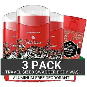 Old Spice Aluminum Free Deodorant for Men, 24/7 Odor Protection, 24/7 Freshness & Lasting Scent, Bearglove Scent, 3.0 oz with Travel Size Swagger Body Wash (Pack of 4)