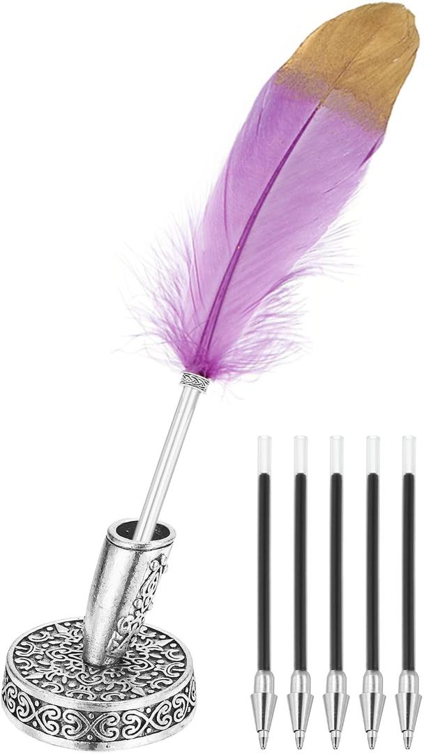 PATIKIL Purple Gold Feather Ballpoint Pens Bulk, Metal Holder Black Ink Vintage Quill Writing Pens with 5 Pieces Refill for Office, Wedding Signature, Silver