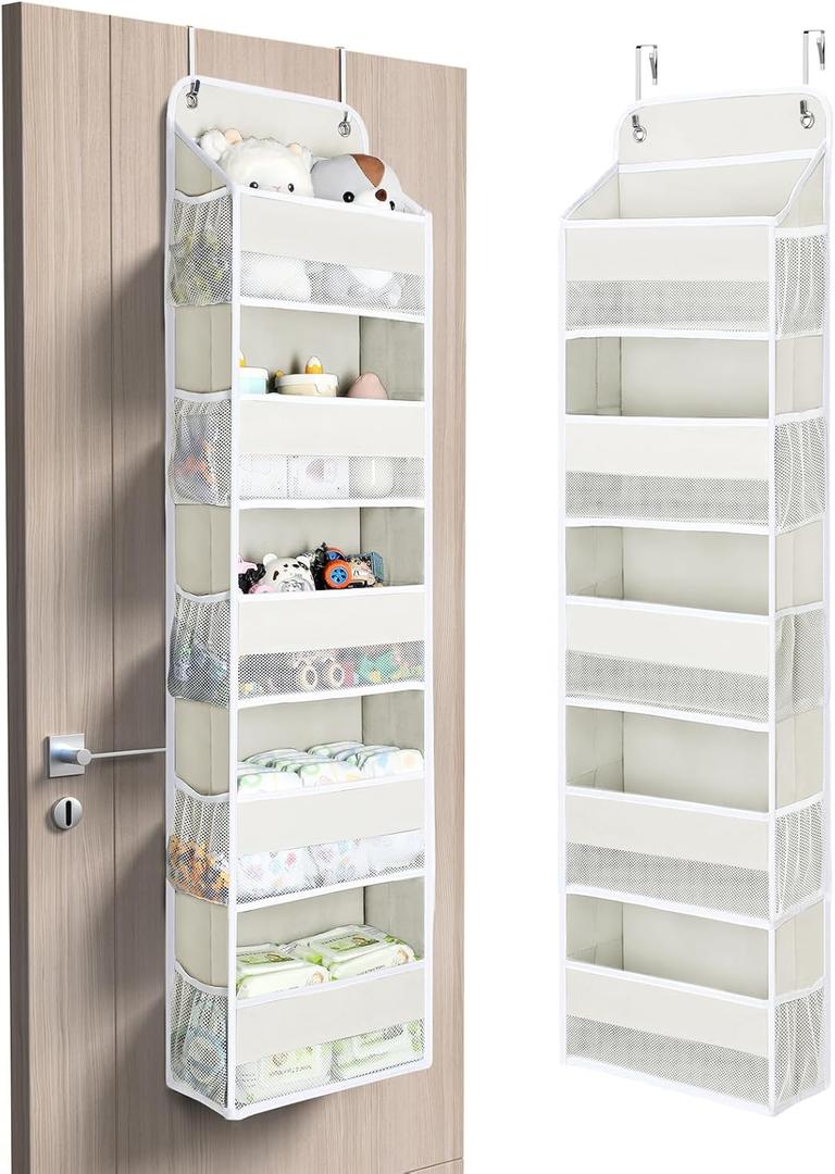 Yecaye 5 Tier Over the Door Organizer, 44lbs Load Toy Stuffed Animal Storage 10 Side Pockets, Bathroom Organizers and Storage for Nursery Newborn Baby Essential Stuff Dorm Room Essentials, Cream White