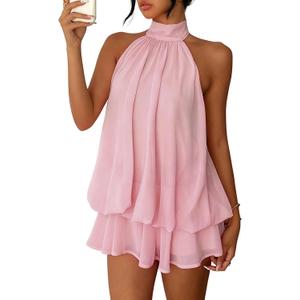 Geulis Women's 2026 Summer Halter Dresses Sleeveless Backless Layered Sundresses Mesh Ruffle Mini Dress Beach Wear (Pink, L)
