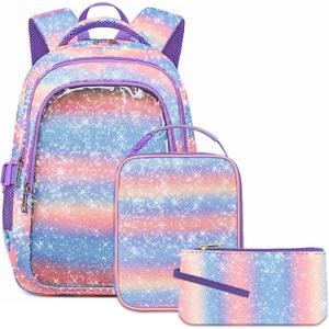 Cute Girls Backpacks with Lunch Box for Kids Candy Gradient Glitter Kawaii School Book Bag for Age 4-6 6-8 8-10 for Primary Kindergarten Elementary Pre School Aesthetic Lightweight Mochila Para Nias (Bubbles)