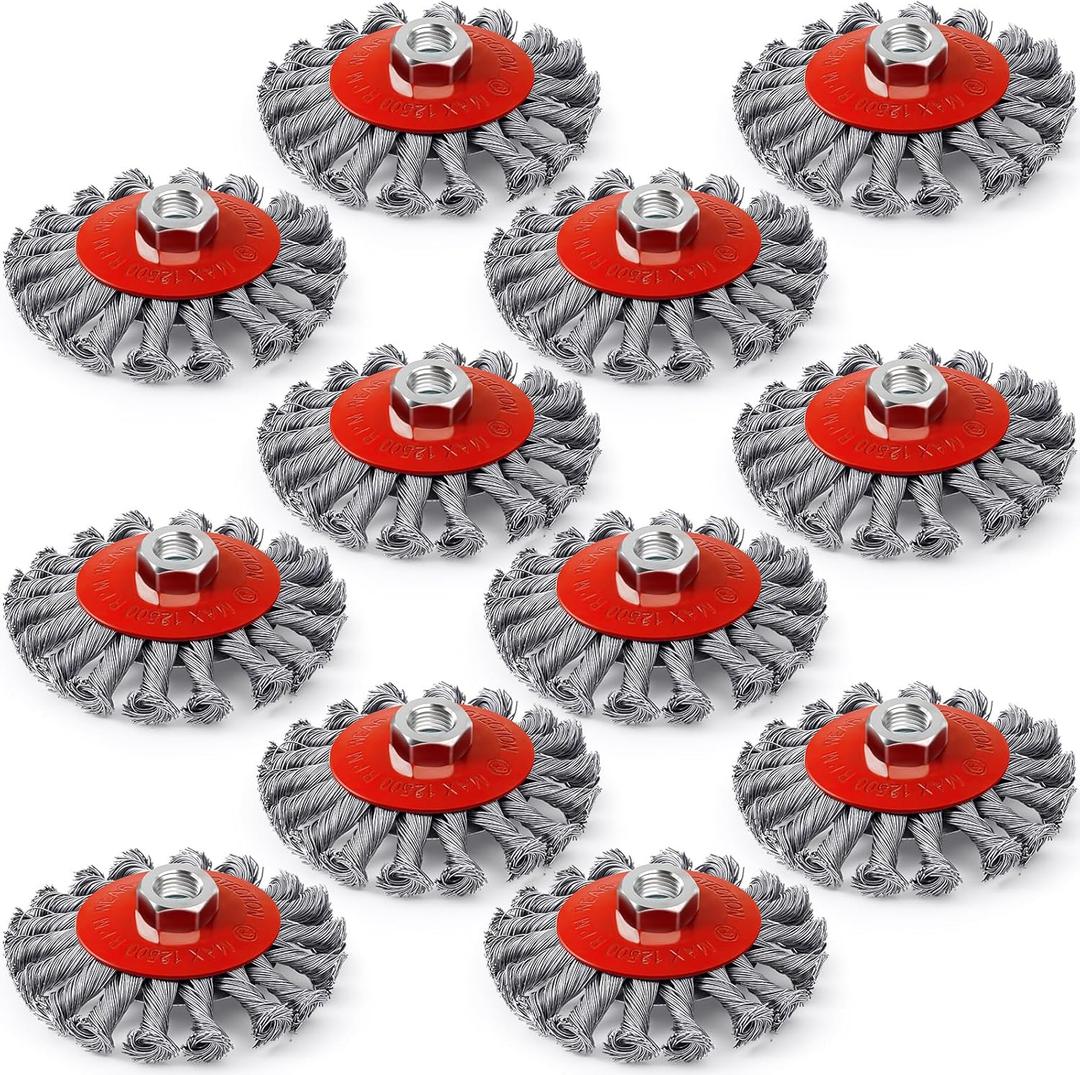 Tioncy 12 Pack Wire Wheel for Angle Grinder, for 4-1/2" Angle Grinder with 5/8"-11 Arbor, Heavy Duty Carbon Brushes for Rust Removal Heavy Cleaning Polishing(Red,Knotted Wire Wheel Brush)