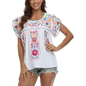 Mexican Floral Embroidered Cotton Blouse Shirts Traditional Summer Tunic Crew Neck Fiesta Style (M, E633W) White